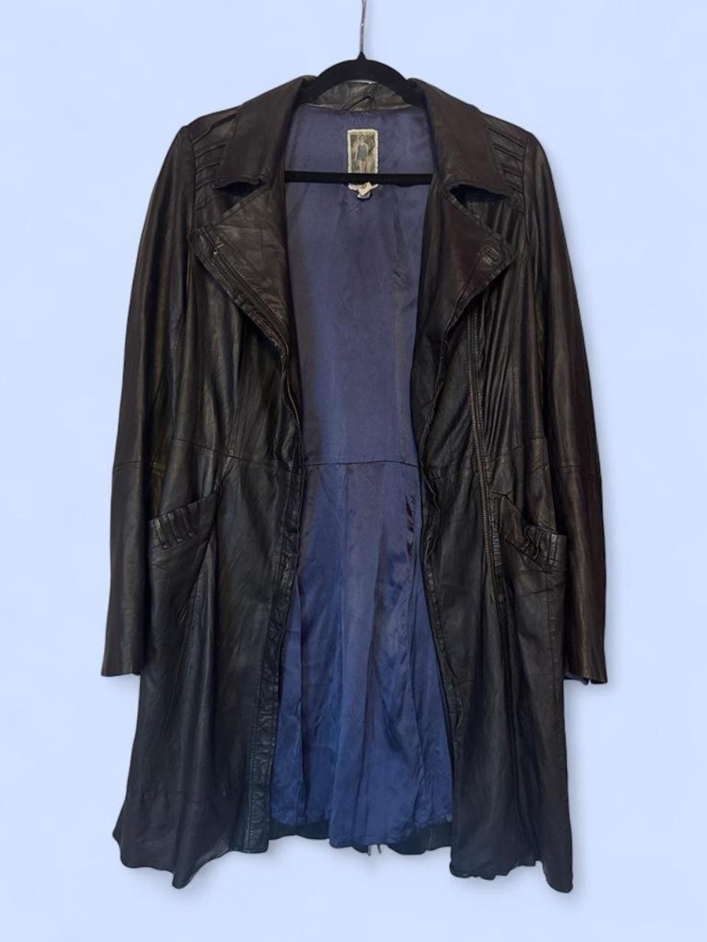 Black Leather Long Trench Coat with Blue Lining - Women's Jacket